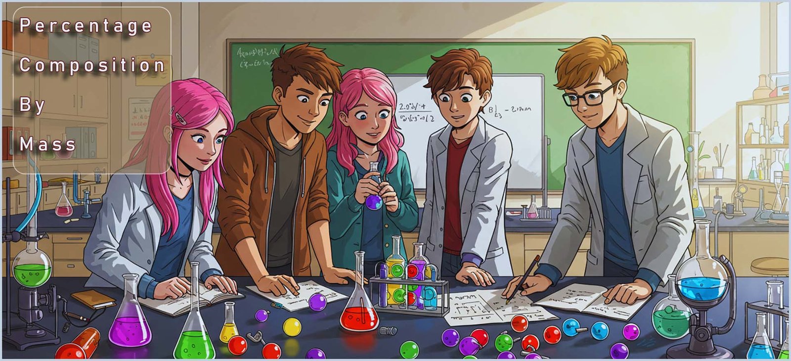  page header image- students working out the percentage composition of compounds by mass.